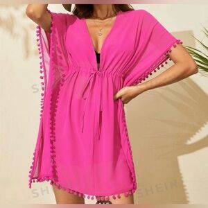 LG Pink Plunging Neck Drawstring Waist Batwing Sleeve Pompom Trim Cover Up!